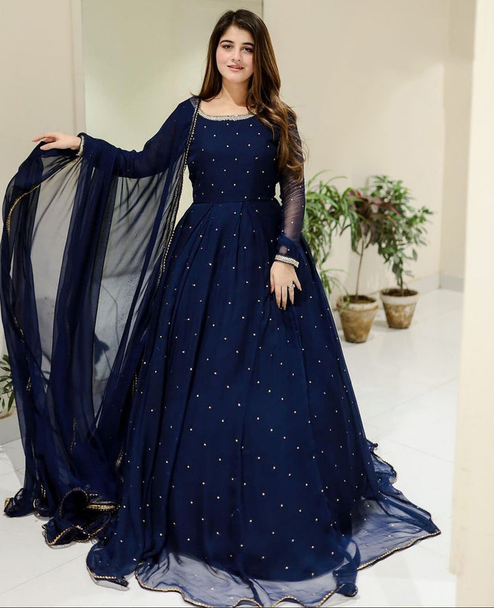 PEARLS WITH LACE WORK LONG FLARE MAXI WITH DUPATTA AND TROUSER Areeba Boutiques 3 PCs Dress Dress for girls and womens