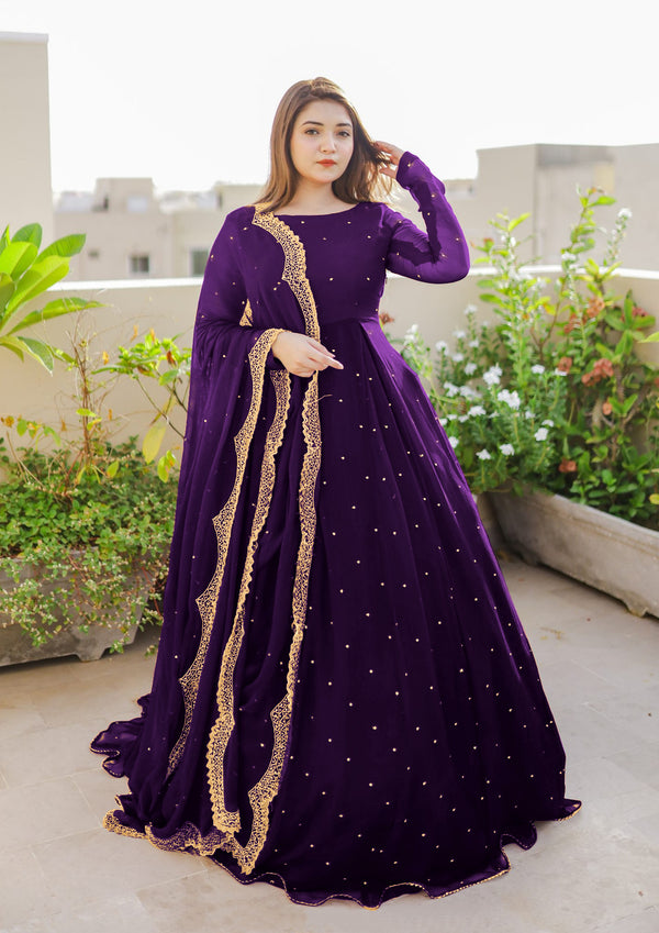 Long Flair Maxi With Pearls Embroided Dupatta And Trouser