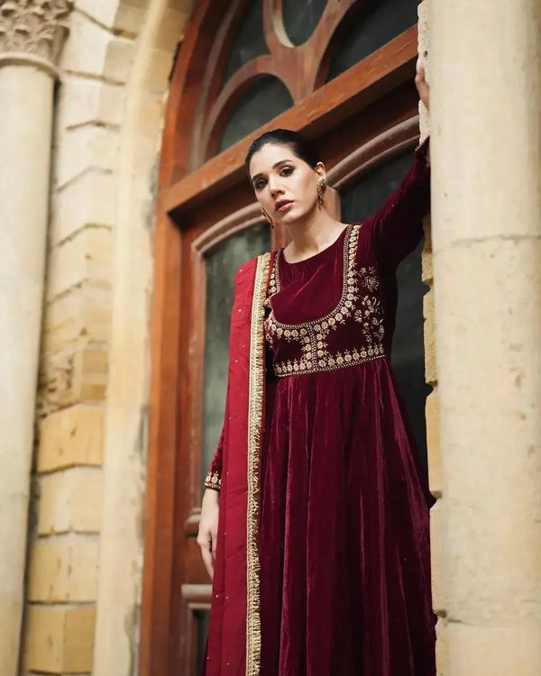 Neck Embroidered Velvet Frock 3-Piece