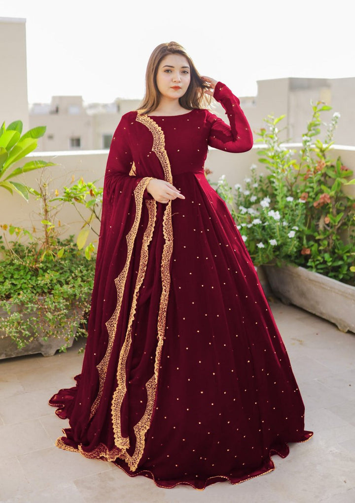 Long Flair Maxi With Pearls Embroided Dupatta And Trouser - | Buy Online from Areeba Boutiques