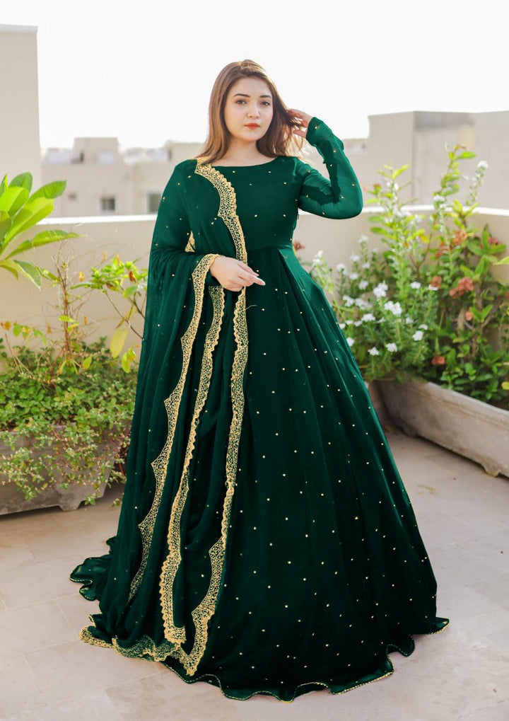 Long Flair Maxi With Pearls Embroided Dupatta And Trouser - | Buy Online from Areeba Boutiques