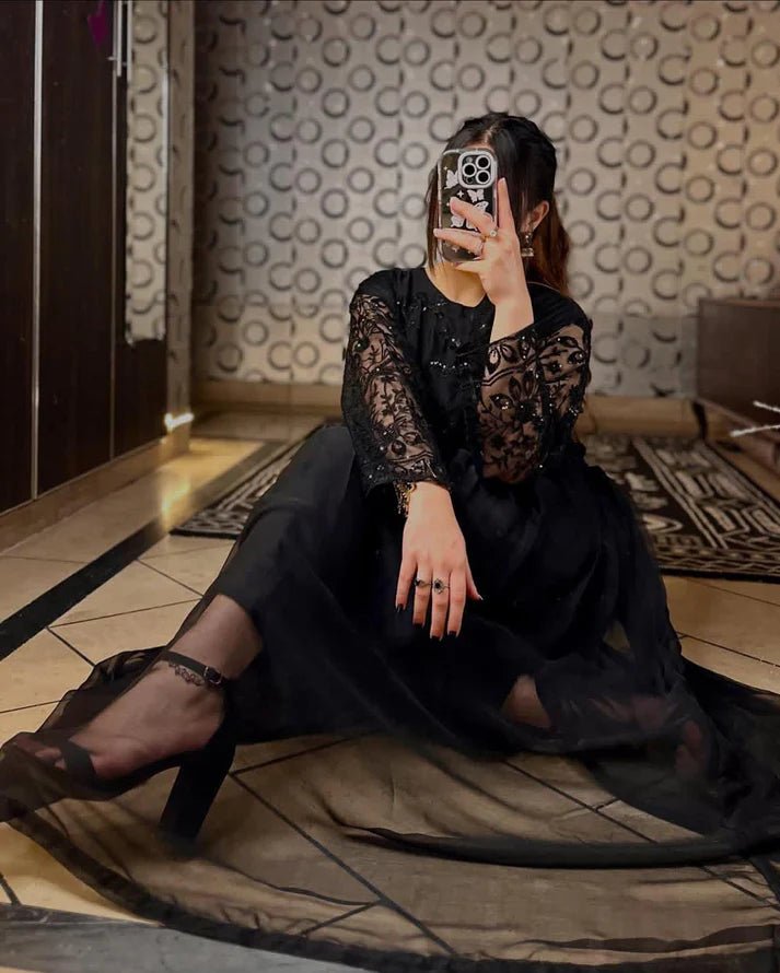 Party Wear Black Sequence Embroidered Maxi - | Buy Online from Areeba Boutiques