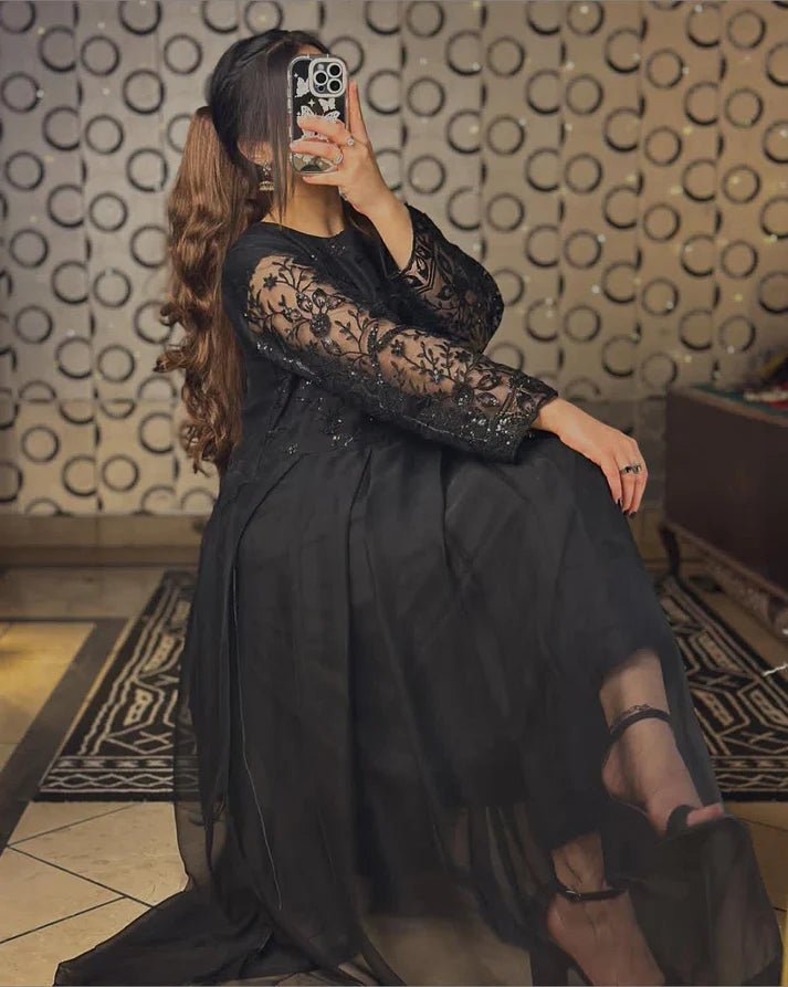 Party Wear Black Sequence Embroidered Maxi - | Buy Online from Areeba Boutiques