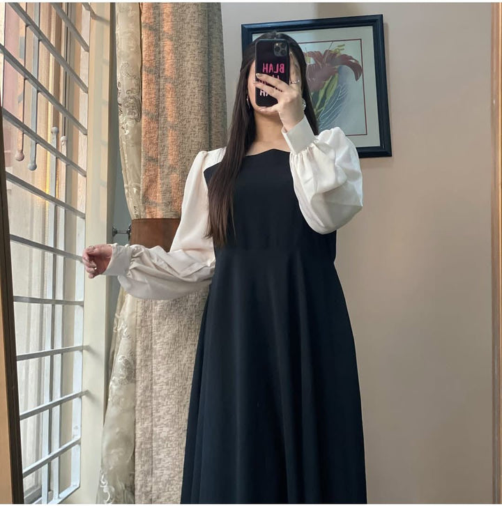 Platted Black Maxi with White Sleeves - | Buy Online from Areeba Boutiques