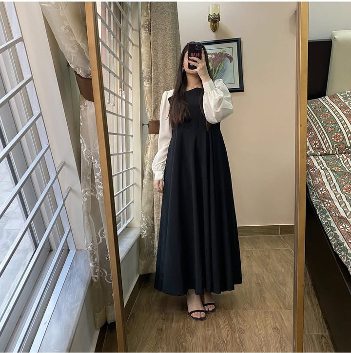 Platted Black Maxi with White Sleeves - | Buy Online from Areeba Boutiques